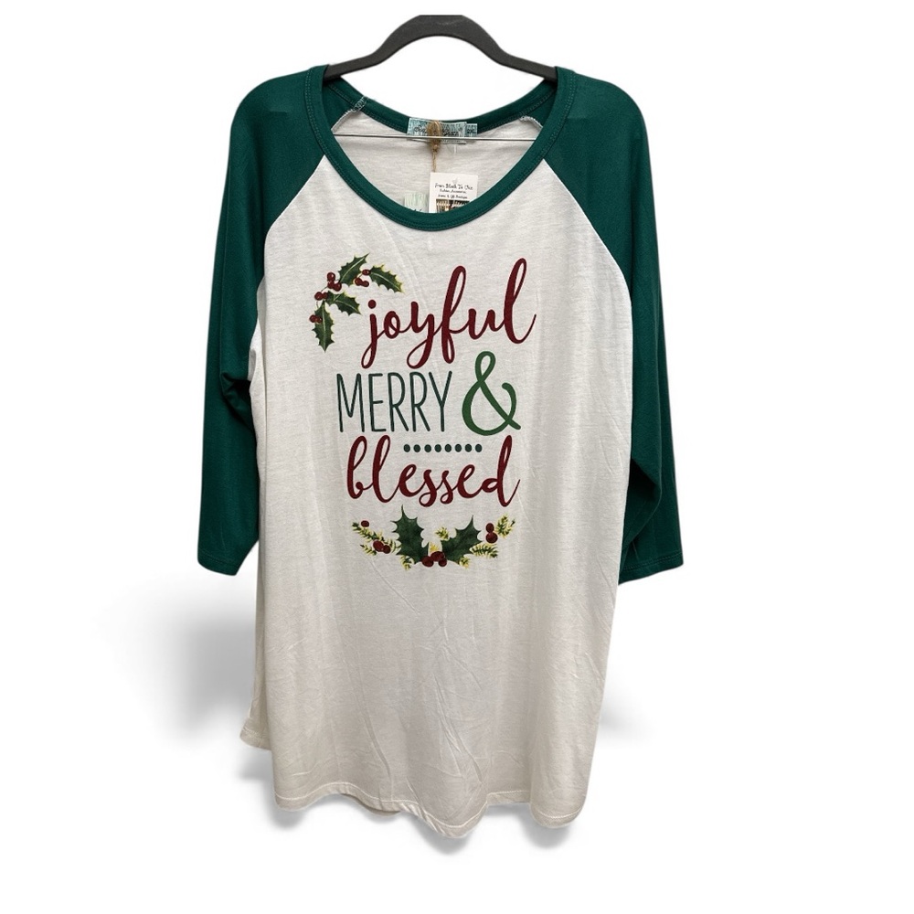 Women’s Southern Grace Joyful Merry & Blessed Raglan Christmas T-Shirt Size  2XL